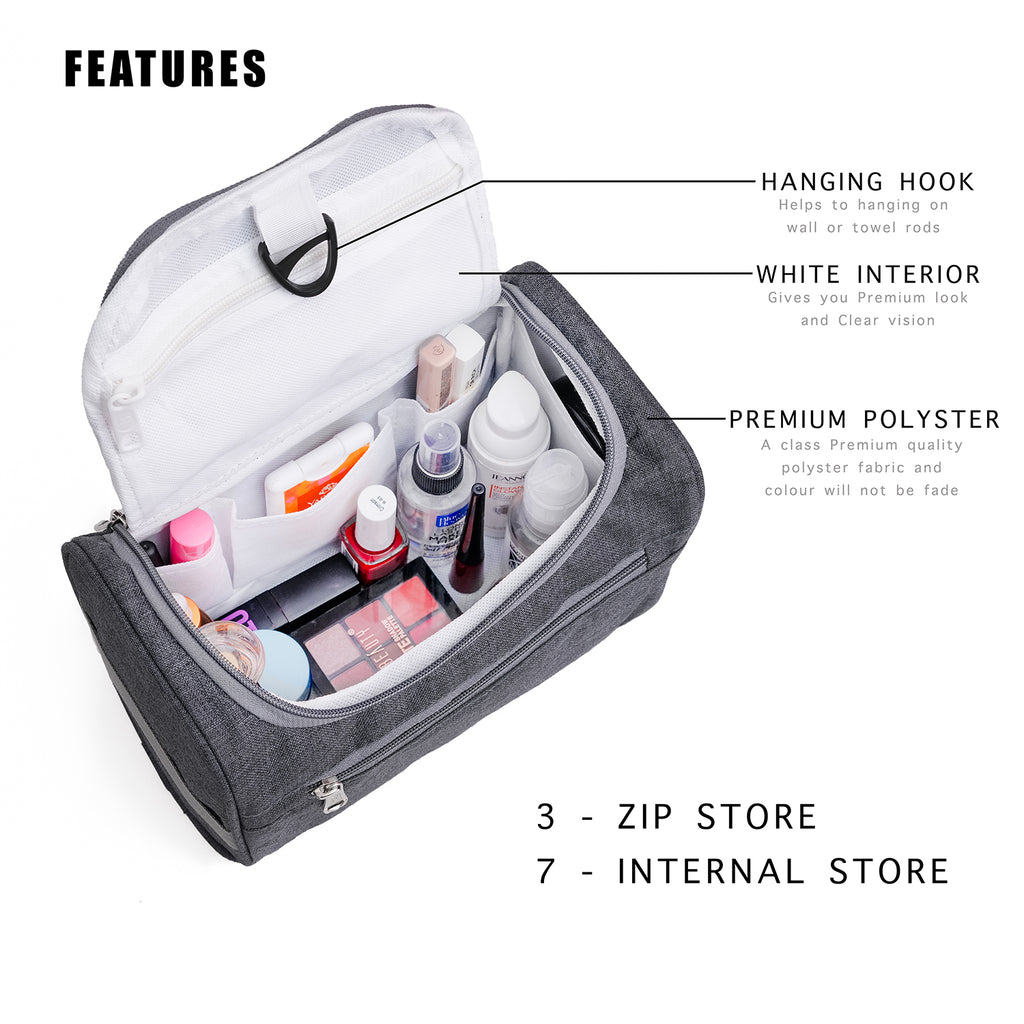 Travel Bag -Toiletry Organizer, Cosmetics Pouch for Men & Women - Premium Grey