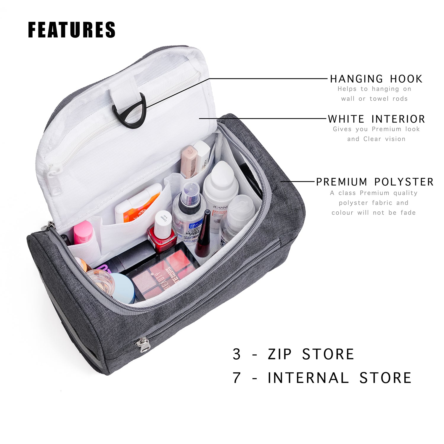 Travel Bag -Toiletry Organizer, Cosmetics Pouch for Men & Women - Premium Grey